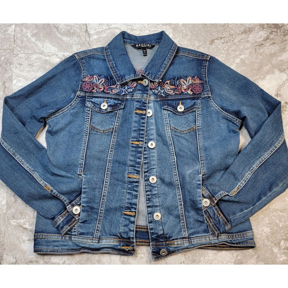 Denim Blue Jean Jacket Women Size M Floral Embroidery Dark Wash Casual Western